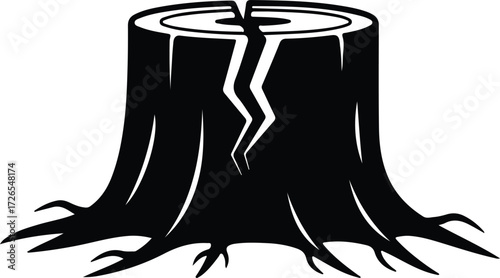 Vector Cracked tree stump with roots black and white silhouette Illustrator