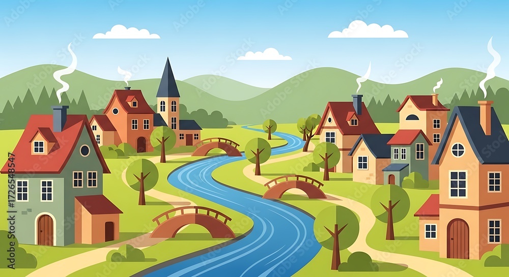 Naklejka premium Village river landscape.