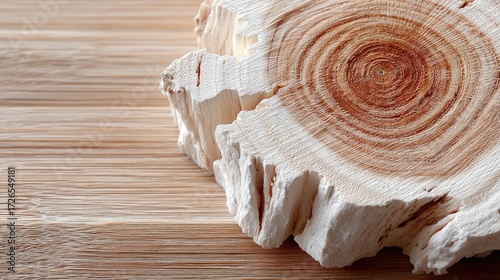 Detailed Close Up Slice of Wood Log with Concentric Natural Rings on Wooden Background