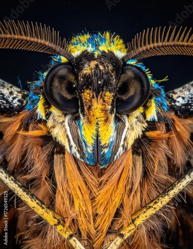 Macro shot of a colorful moth's head