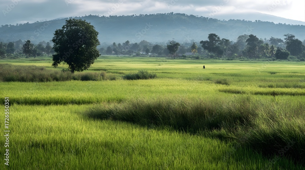 Fototapeta premium A serene expansive green rice paddy field under a misty hazy mountain landscape with a lone tree and a distant figure