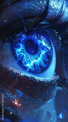 Close-up of a stylized, glowing blue eye