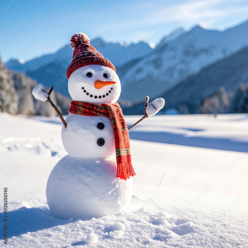 Obraz premium Cheerful snowman in a snowy landscape