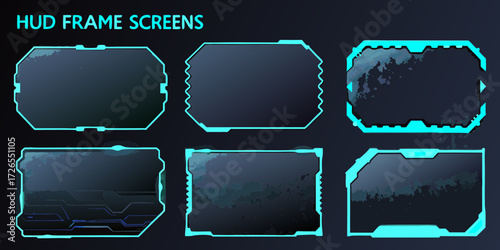 Collection of futuristic holographic hud interface frames and screens with cyan glowing borders on a dark background