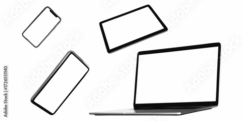 Modern electronic devices including a laptop tablet and smartphones with blank white screens floating against a white background