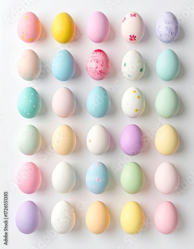 Pastel-colored eggs arranged in a grid.  A springy, decorative display