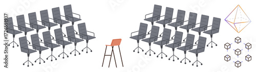 Single orange chair stands apart from rows of gray office chairs. Geometric shapes lie nearby. Ideal for individuality, contrast, uniqueness, innovation, creativity, design thinking, leadership