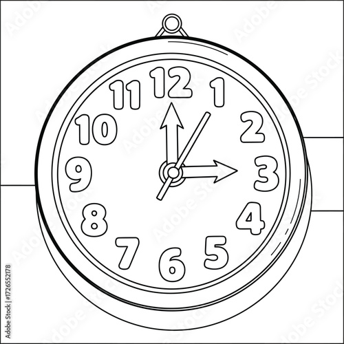 Classic Round Wall Clock Showing Time - Outline Vector Illustration for Schedules and Timekeeping