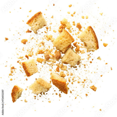 Scattered Crumbs and Pieces of Toasted Bread on Black Background food baking