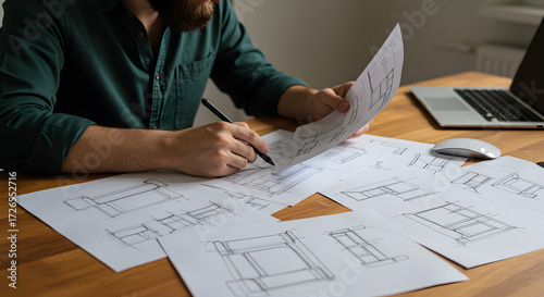 Man reviewing architectural plans and blueprints at a wooden desk