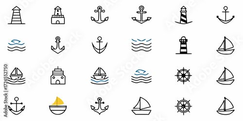 Nautical icons featuring sailboats anchors lighthouses and waves for maritime adventure and seaside design inspiration