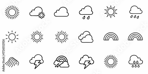 Dynamic weather icons collection capturing sun rain clouds storms and rainbows perfect for forecasts and climate themes