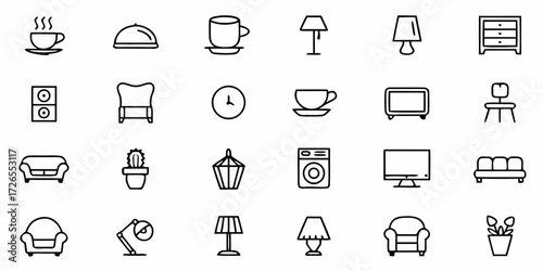 Collection of modern home and office icons including furniture, electronics, and decor for seamless design projects and websites