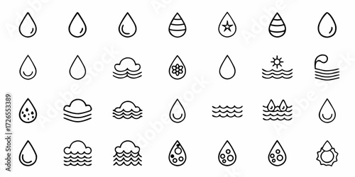 Collection of modern, clean line icons representing water drops, clouds, and waves, perfect for eco, nature, or health themes