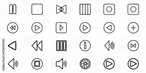 Essential media playback controls and icons for digital interfaces and applications, offering modern design and intuitive functionality for user engagement.