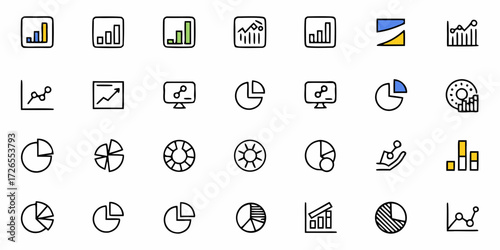 Dynamic data visualization icons showcasing various charts and graphs for business analytics and reporting, perfect for digital presentations.