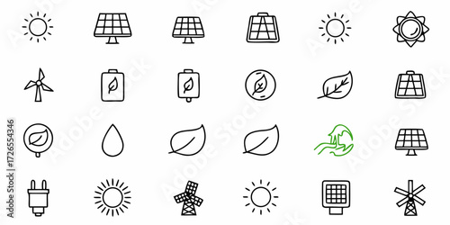 Vibrant collection of renewable energy icons featuring sun, solar panels, wind turbines, leaves, and eco-friendly power symbols for modern design