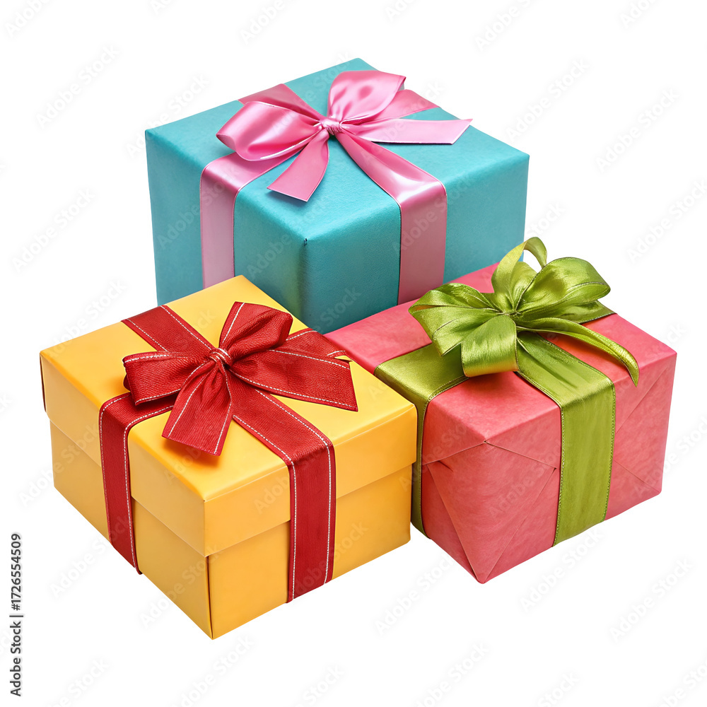 Obraz premium Three Wrapped Gift Boxes with Colorful Ribbons on Black Background presents
