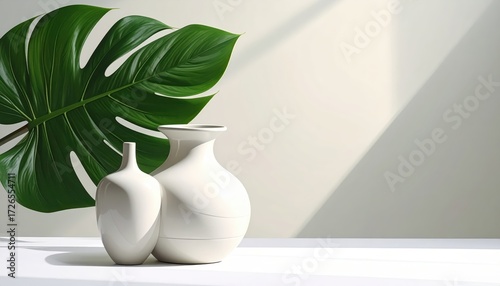 Two elegant white vases sit on a white surface, enhanced by the soft light and shadow cast by a large monstera leaf.