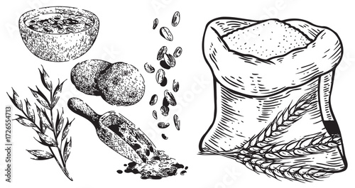 Vintage Hand-Drawn Rice and Grain Illustrations – Rustic Farm Produce, Sacks, Bowls, Harvest Elements, Black and White Engraving Set