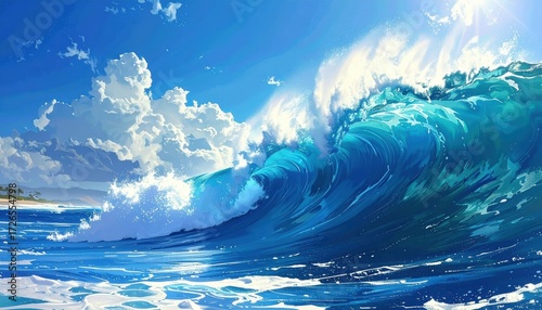 A vibrant digital painting depicts a powerful ocean wave crashing against a shoreline, showcasing a striking display of blues and whites.