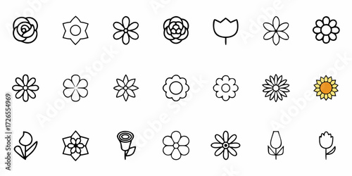 Charming collection of diverse floral icons, perfect for adding a touch of nature and elegance to any creative project, instantly enhancing visual appeal.