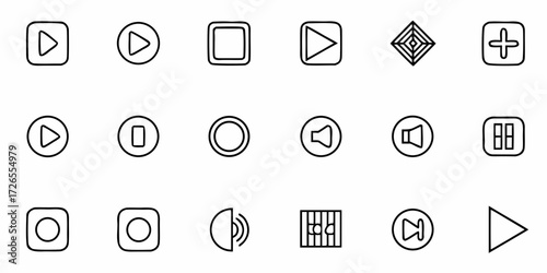 Modern minimalistic icon set for digital media playback controls including play pause stop volume and more essential navigation symbols