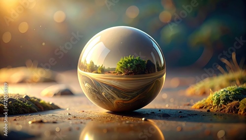 A reflective sphere rests on a textured surface, mirroring a tranquil landscape in its polished exterior.