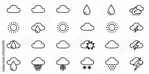 Versatile collection of modern weather icons showcasing sun, clouds, rain, snow, and lightning for dynamic forecasting and atmospheric storytelling.