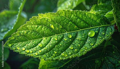 A close-up view of a vibrant green leaf, glistening with water droplets, showcasing intricate details and a refreshing natural beauty.