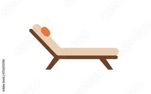 A simple, flat illustration of a beige lounge chair with an orange pillow on a white background.