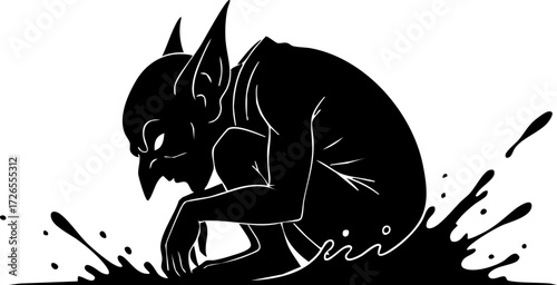 Quadro em tela Mysterious shadowy goblin creature crouches in dark, splashing liquid, evoking fantasy, mischief, and dark folklore themes for creative projects