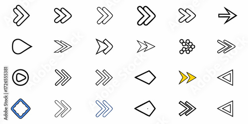 Diverse collection of modern arrow icons and symbols for navigation, direction, and progress, perfect for web design and UI elements.