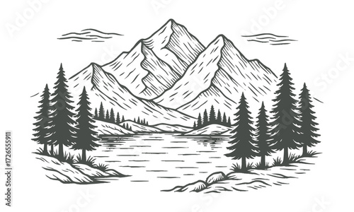 Hand-drawn Mountain Lake Ink Landscape Minimal Black and White Vector illustration, illustration of mountains and pine trees,  t-shirt design, easily editable and scalable.