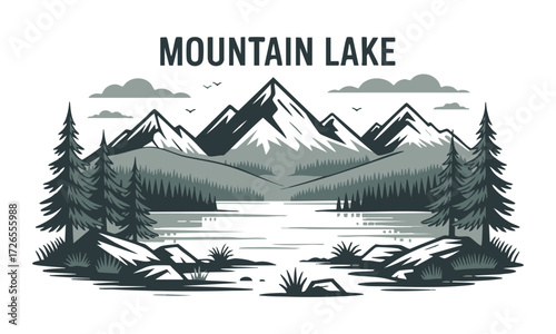 Hand-drawn Mountain Lake Ink Landscape Minimal Black and White Vector illustration, illustration of mountains and pine trees,  t-shirt design, easily editable and scalable.