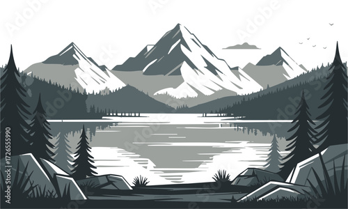 Hand-drawn Mountain Lake Ink Landscape Minimal Black and White Vector illustration, illustration of mountains and pine trees,  t-shirt design, easily editable and scalable.