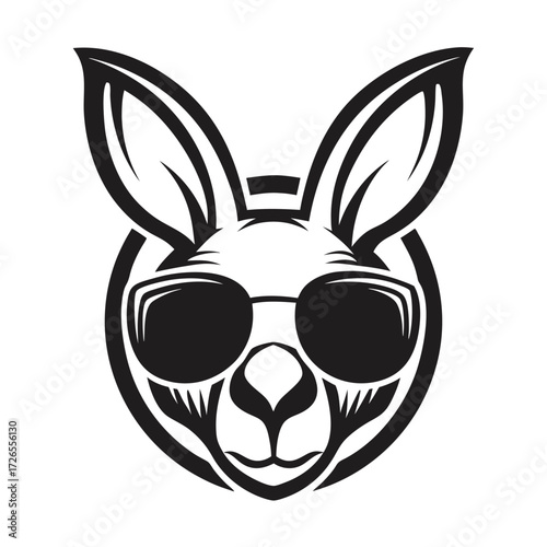 A cool kangaroo's monochrome head wearing sunglasses appears bold and stylish against a simple background