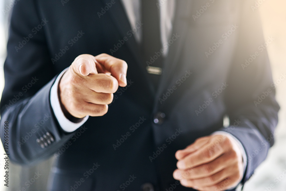 Obraz premium Accusing, mature lawyer and hand pointing at trial, justice and defence for client lawsuit. Code of ethics, legal system and man with allegation for prosecution, equality and rights for court case.