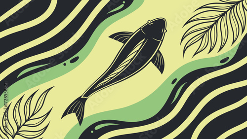 Abstract Retro Branding Art in Black with Mossy Green Strokes and Canary Accents on Two Tone Riverbed Background