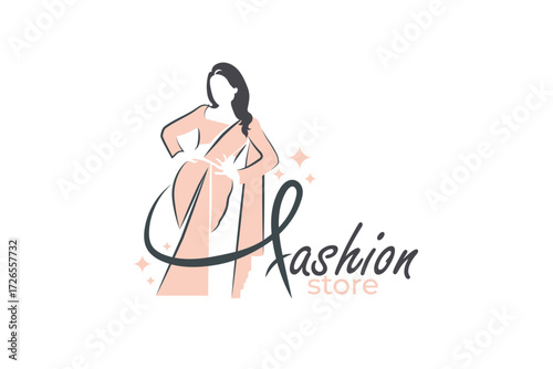 Saree logo design with silhouette women figure template. Women india dress or clothing logo design
