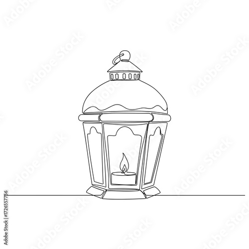 Traditional lantern with candle flame in minimalist line art style