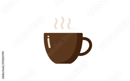 A simple flat illustration of a steaming hot brown coffee cup or mug on a plain white background.