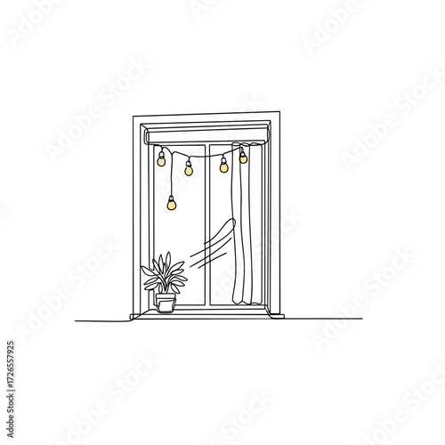 Window with curtains, lights, and plant in minimalist line art style