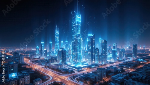 Wallpaper Mural Futuristic Cityscape with Illuminated Skyscrapers and Highways at Night in a Vibrant Urban Setting Torontodigital.ca