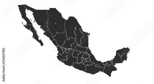 Dark silhouette map of mexico showing state borders