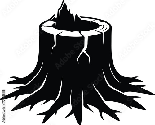 Vector Tree stump root silhouette in black and white Illustrator