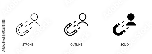 People icon with magnet for recruitment, attraction, investment. Editable vector stroke icon, outline and solid. Eps10 file.