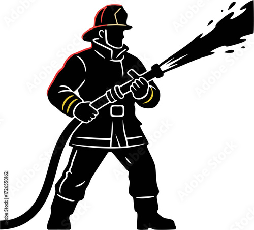 Firefighter Silhouette Spraying Water with Hose – Bold Vector Illustration