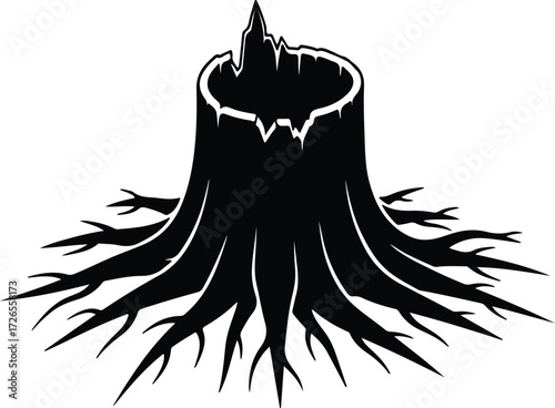 Vector Tree stump silhouette with roots and rough bark Illustrator
