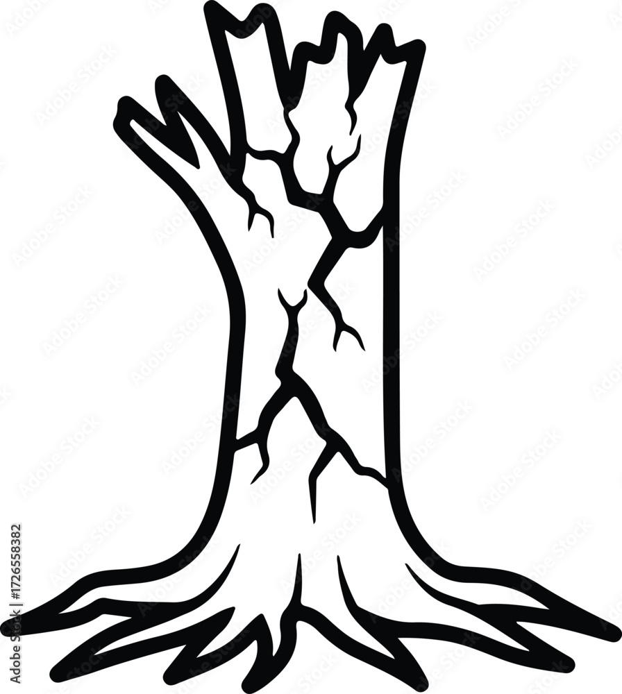 Fototapeta premium Vector Tree trunk silhouette with cracks black and white Illustrator